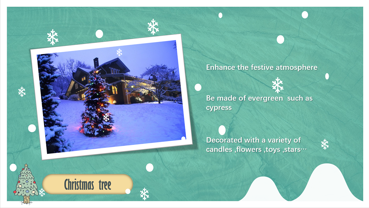 A Christmas PPT template with light green and snow white as the main color scheme
